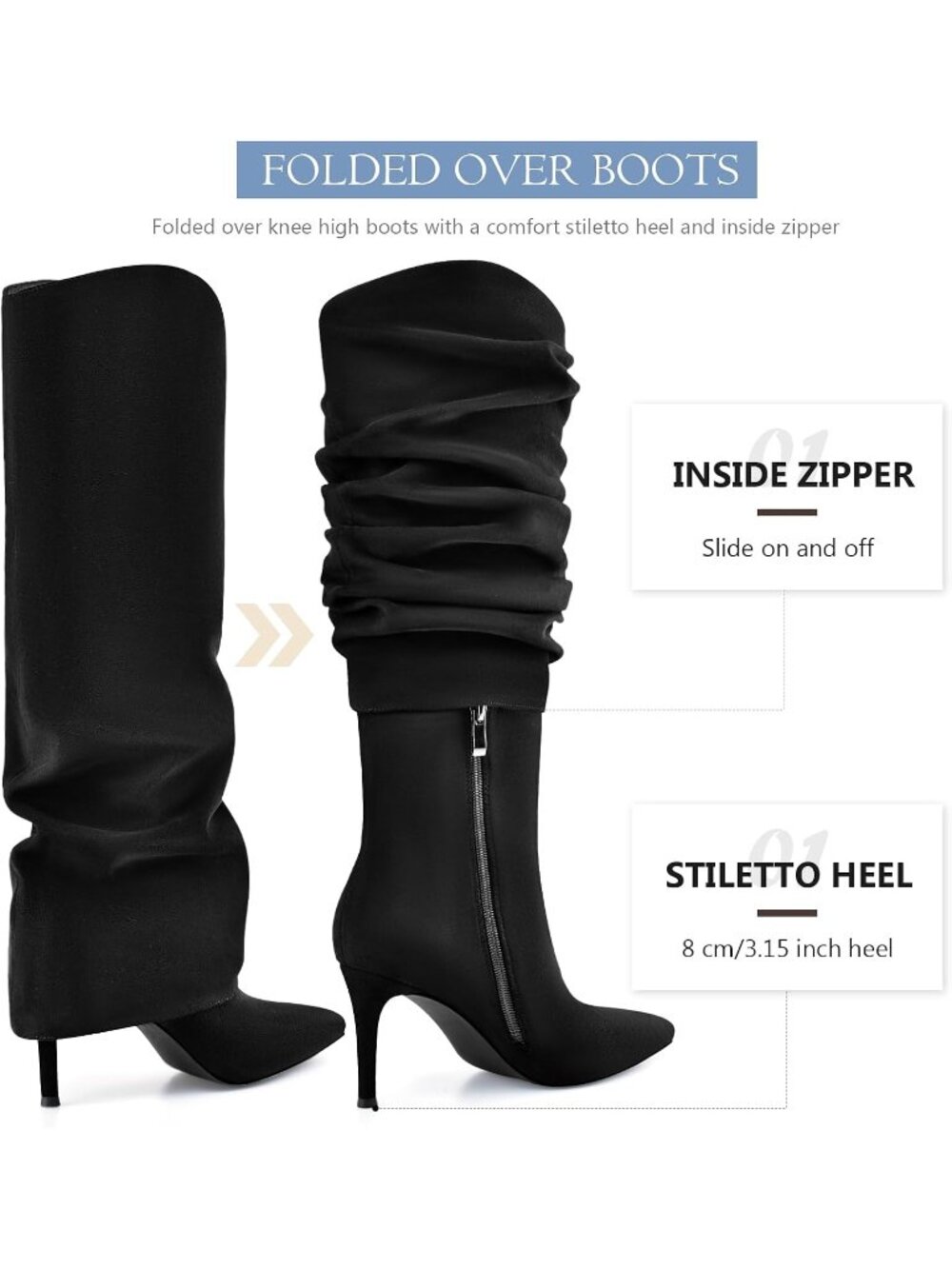 Women's Black Suede Fold Over Knee High Boots Pointed Toe Slouch Long Boots - Picture 6 of 6